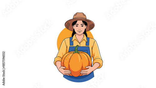 A smiling female farmer wearing a hat and overalls proudly holding a large orange pumpkin, set against a circular sun background.