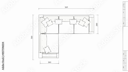 Architectural drawing of a sectional sofa with dimensions.