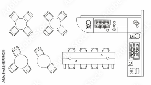 Architectural drawings of dining tables and chairs and a kitchen layout.