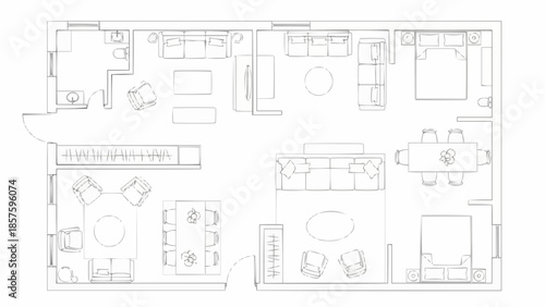 Architectural floor plan drawing of a modern apartment layout.