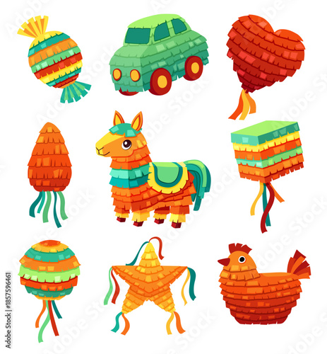 festive pinatas set. traditional party decorations, paper toys with confetti, candies, holiday celebration childish shapes. vector cartoon flat collection.
