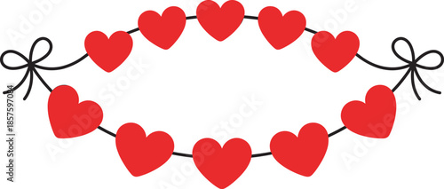 Red heart garland frame, romantic love decoration isolated white background for valentine wedding greeting cards invitations design templates banners posters