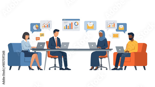 Business Team Working Together with Laptops and Data Charts, Flat Vector Illustration