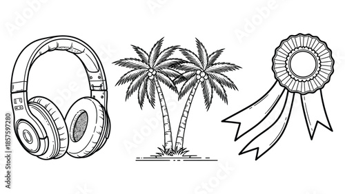 Headphones, palm tree, and trophy