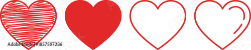 Red heart icons set, hand drawn filled outline love symbols isolated white background for valentine wedding graphic design templates branding