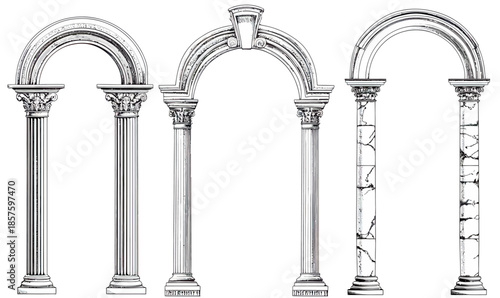 Set of three vintage Roman-style arches with decorated columns and intricate carved details in black and white line art for architectural design and classical illustration