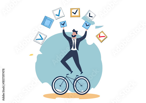 Businessman juggling multiple completed checklist boxes while balancing on a unicycle in a flat minimalist style work accomplishment concept illustration