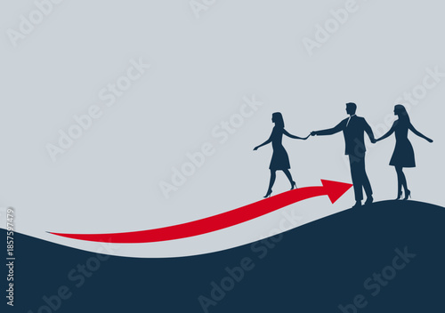 Silhouettes of business people walking upward on red arrow symbolizing growth progress teamwork and leadership success concept in minimalist style vector illustration