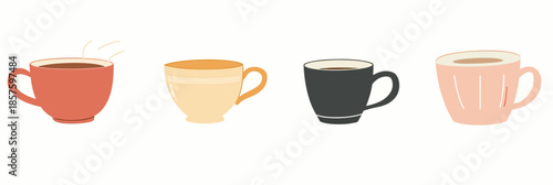 Four different colored coffee cups with hot coffee in flat minimalist style vector illustration set for beverage concept design collection