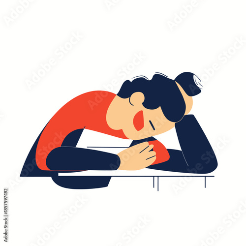 Tired woman resting head on arm leaning on desk exhausted fatigue concept minimalist flat vector illustration with red and black clothing and dark hair bun hairstyle