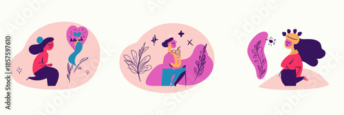 Diverse women practicing mindfulness and reflective mental health exercises with abstract colorful backgrounds and nature elements in flat minimalist style vector illustration