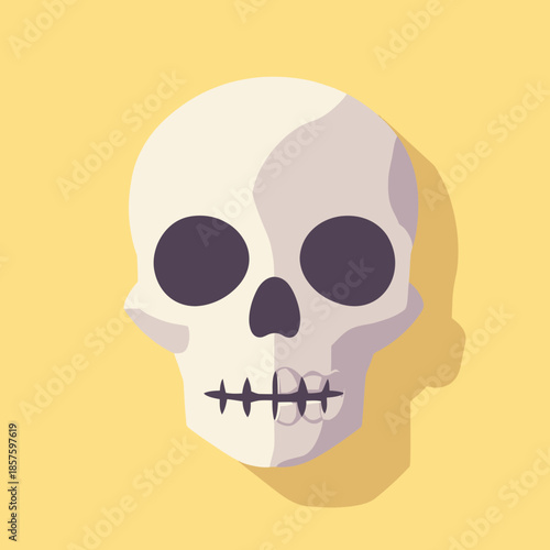 Minimalist flat vector illustration of human skull icon with shadow on yellow background representing anatomy and Halloween concept design