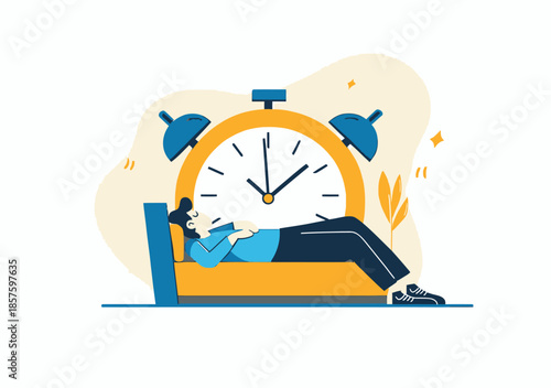 Sleeping person resting on bed with large alarm clock in background representing procrastination and wasted time concept in flat minimalist vector style