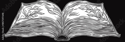 Vintage open book engraving with decorative leaf illustrations black and white vector outline flat minimalist style drawing for design and education concepts