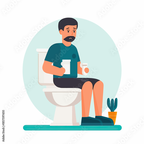 Man sitting on toilet holding pill bottles looking worried flat minimalist vector illustration with indoor plant and bathroom background in health care concept