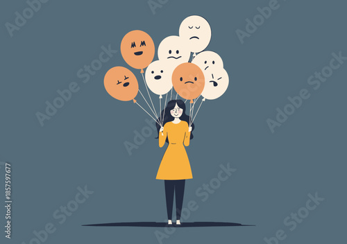 Woman holding balloons with various emotional expression faces representing mood swings emotional control and mental health awareness concept vector illustration