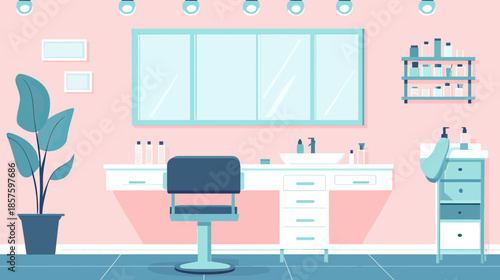 Minimalist beauty salon interior with styling chair, large mirror, sink, plant, shelves with cosmetics, flat vector illustration of makeup removal room design
