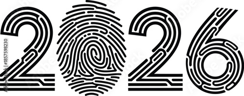 Futuristic 2026 design with fingerprint element on white background