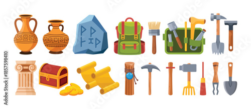 Ancient Archaeology Equipment and Artifacts Set, Digging Tools for Excavation, Historical Civilization Research and Cultural Exploration Concept