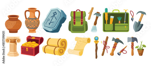 Ancient Archaeology Equipment and Artifacts Set, Digging Tools for Excavation, Historical Civilization Research and Cultural Exploration Concept