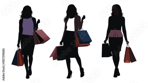 Silhouettes of women carrying shopping bags. set of vector illustration fashion girls