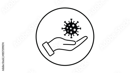 A hand holding a virus or germ illustration within a simple circular outline design