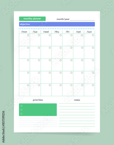 Monthly planner template with objective bar and priority section. Calendar grid with check circles for each day, notes area, printable vector organizer for goals and schedules.