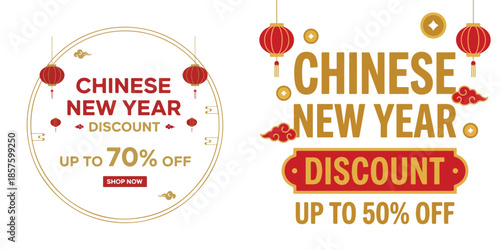 Chinese New Year Discounts. Vector, minimalist, illustration, icon set.