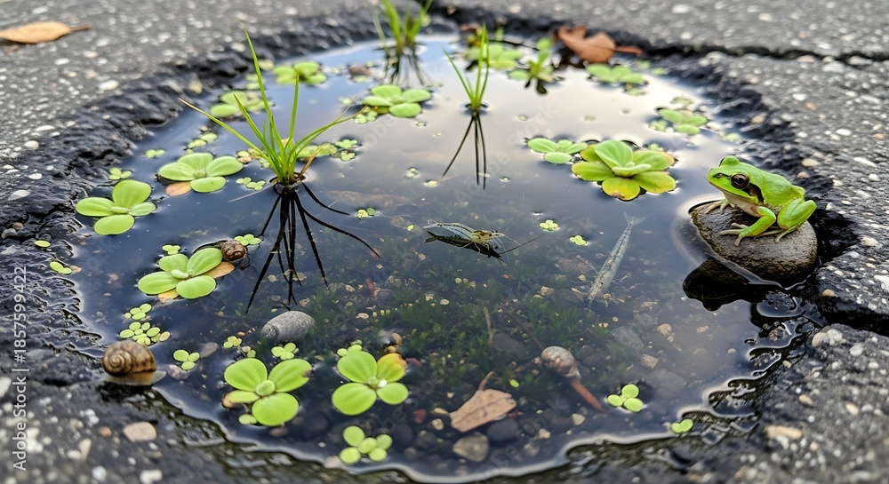 Naklejka premium Puddle with Water Lilies on Asphalt.