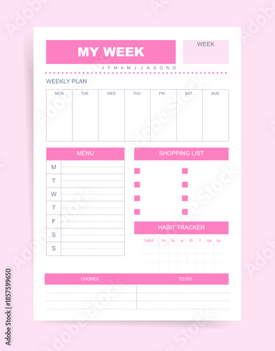 Minimalist Weekly Planner Template with Meal Menu, Shopping List, Habit Tracker and Chores Section. Clean Pink Organizer Page for Personal Schedule, Productivity Planning and Home Routine Management