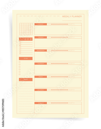 Weekly Planner Page with Daily Schedule, Water Intake and Sleep Tracker, Mood Scale and Notes. Minimal Warm Beige Organizer Template for Wellness, Self Care, Productivity and Time Management Design