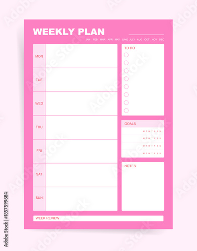 Bright Pink Weekly Planner Template with Goals, To Do List, Notes and Week Review Section. Modern Minimal Organizer Page for Personal Productivity, Motivation and Lifestyle Planning Vector Design