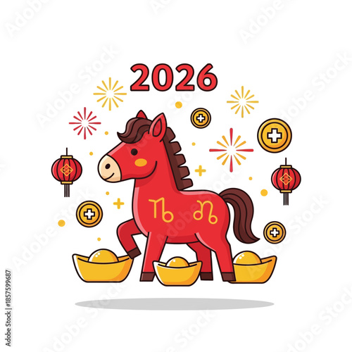 A vibrant red, cute vector illustration of the zodiac horse standing on golden ingots for the chinese new year.