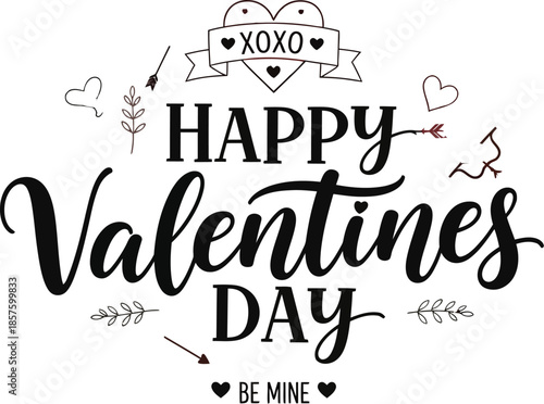 Heartfelt handwritten calligraphy spelling out happy valentines day with charming small decorations for romantic celebration greetings