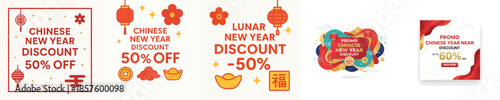 Chinese New Year Discounts. Vector, minimalist, illustration, icon set.