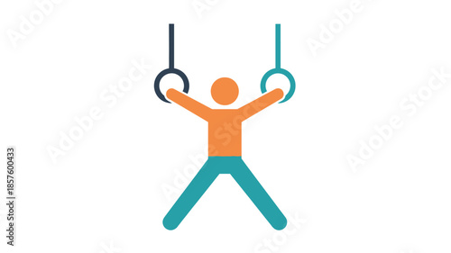 A flat design illustration depicts a person performing a gymnastic exercise on rings