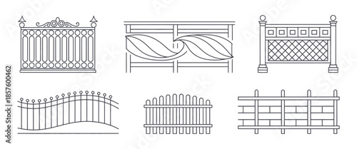 Set of Balcony Railing Designs, Vintage and Modern Home Facade with Steel and Wrought Iron Balustrade, Terrace Fence and Private Entrance Architecture