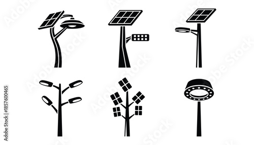 Modern solar street light silhouettes featuring sustainable energy panels and led lamp design vector.