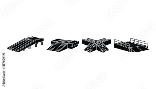 Industrial loading ramp silhouettes collection featuring metal docks for cargo transportation vector.