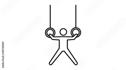 A simple line drawing depicts a stick figure performing a gymnastic exercise on rings