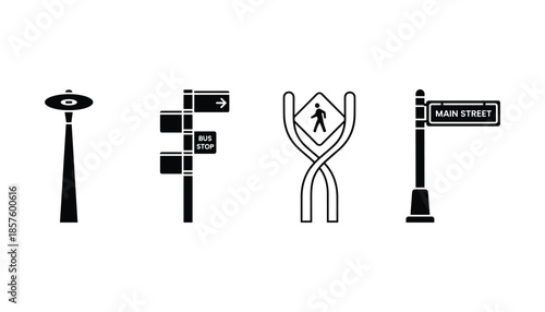 Art & IllustratUrban street furniture silhouettes including direction signs bus stop and pedestrian crossing vector.ion