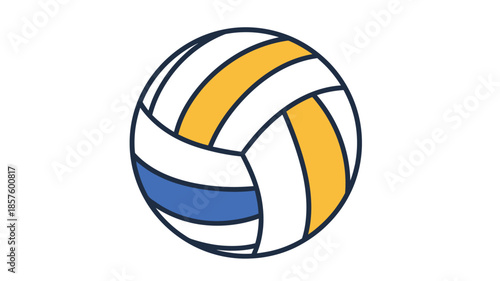A colorful illustration of a volleyball with blue yellow and white panels displayed