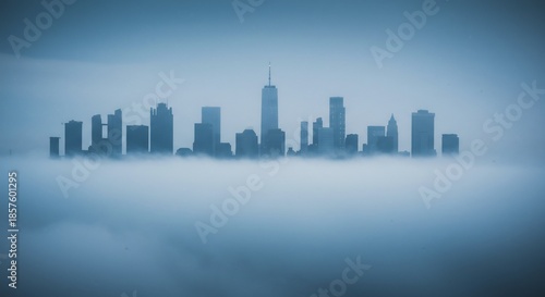Wallpaper Mural 早朝の深い霧の中に静かに浮かび上がる巨大都市のスカイラインが幻想的にそびえ立つ 淡く神秘的な青い光が街全体を優しく照らし夢のような静寂が広がる風景. AI Generated Torontodigital.ca