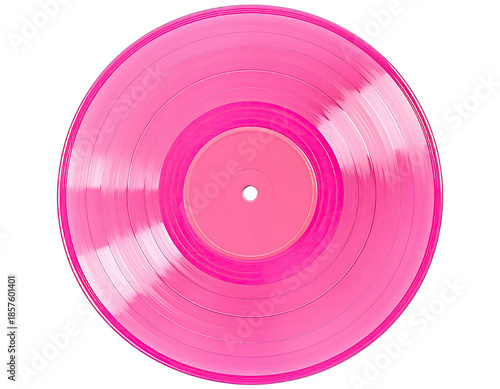 Top-down view of a bright pink, transparent, vinyl record against a black background
