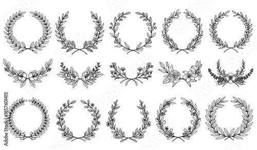 Vintage laurel wreath frame vector set with ornate floral branches circular borders and classic botanical design