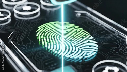 Close-up of digital fingerprint scanning animation on glass screen turning green symbolizing biometric identification