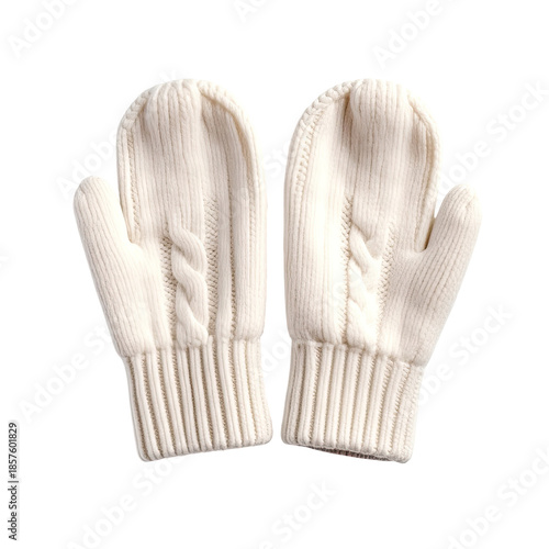 Pair of off-white knitted mittens with cable knit details