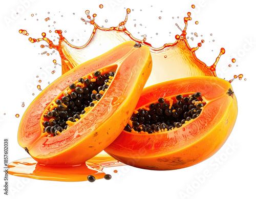 Two papaya halves, vibrant orange, black seeds, juice splash, white background