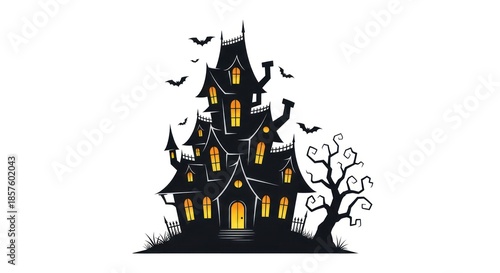 Spooky haunted house silhouette with bats on white background