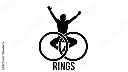 A silhouette of a person with raised arms positioned above intersecting rings and text